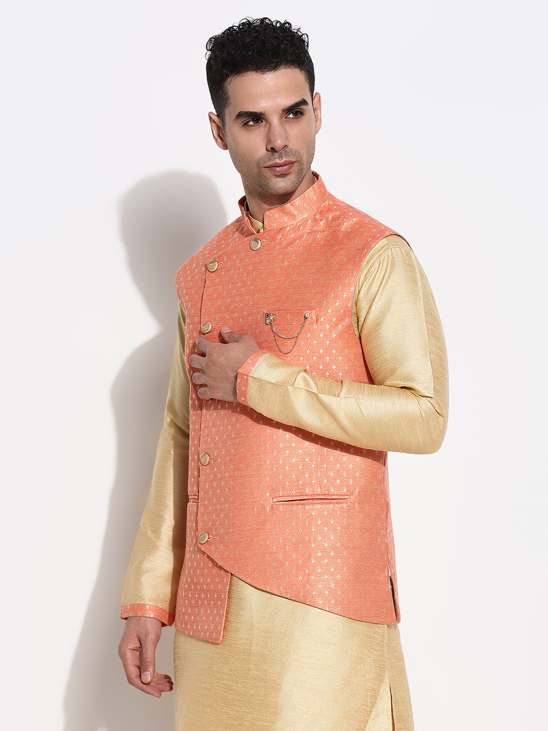 Men Beige Solid Kurta Set with Nehru Jacket