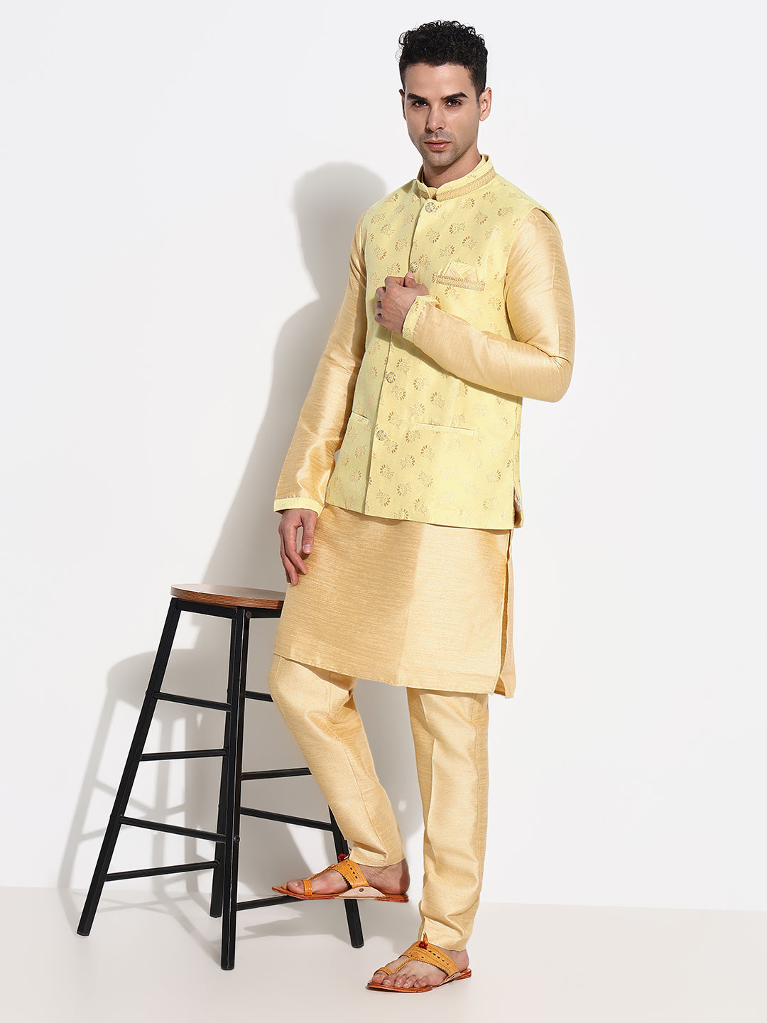 Men Beige Solid Kurta Set with Nehru Jacket