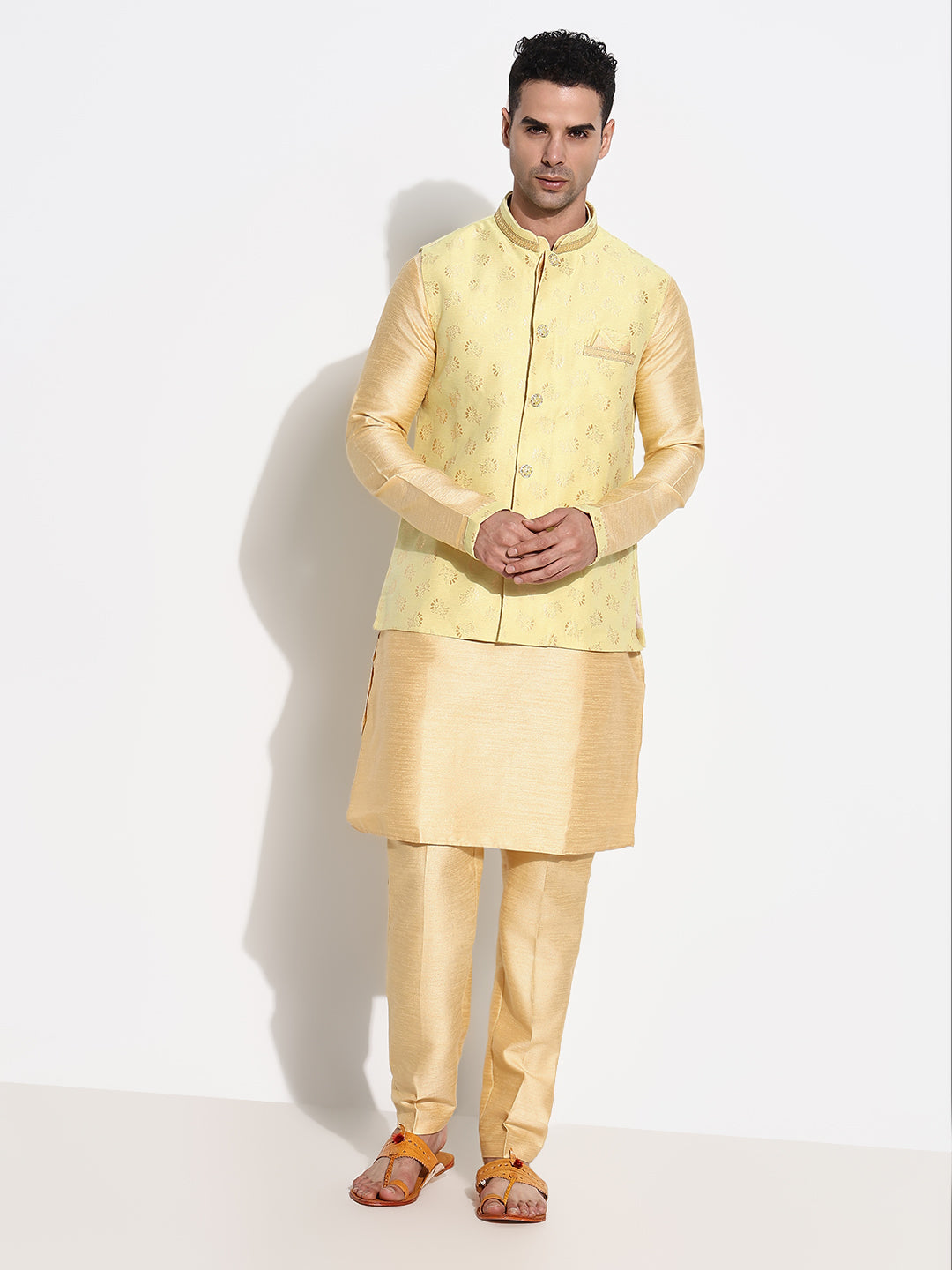 Men Beige Solid Kurta Set with Nehru Jacket