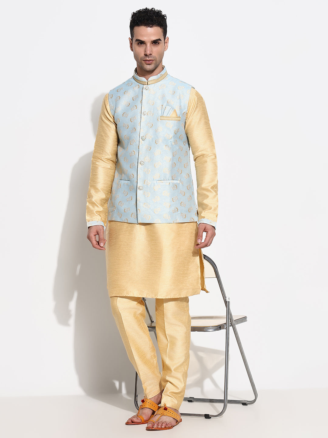 Men Beige Solid Kurta Set with Nehru Jacket