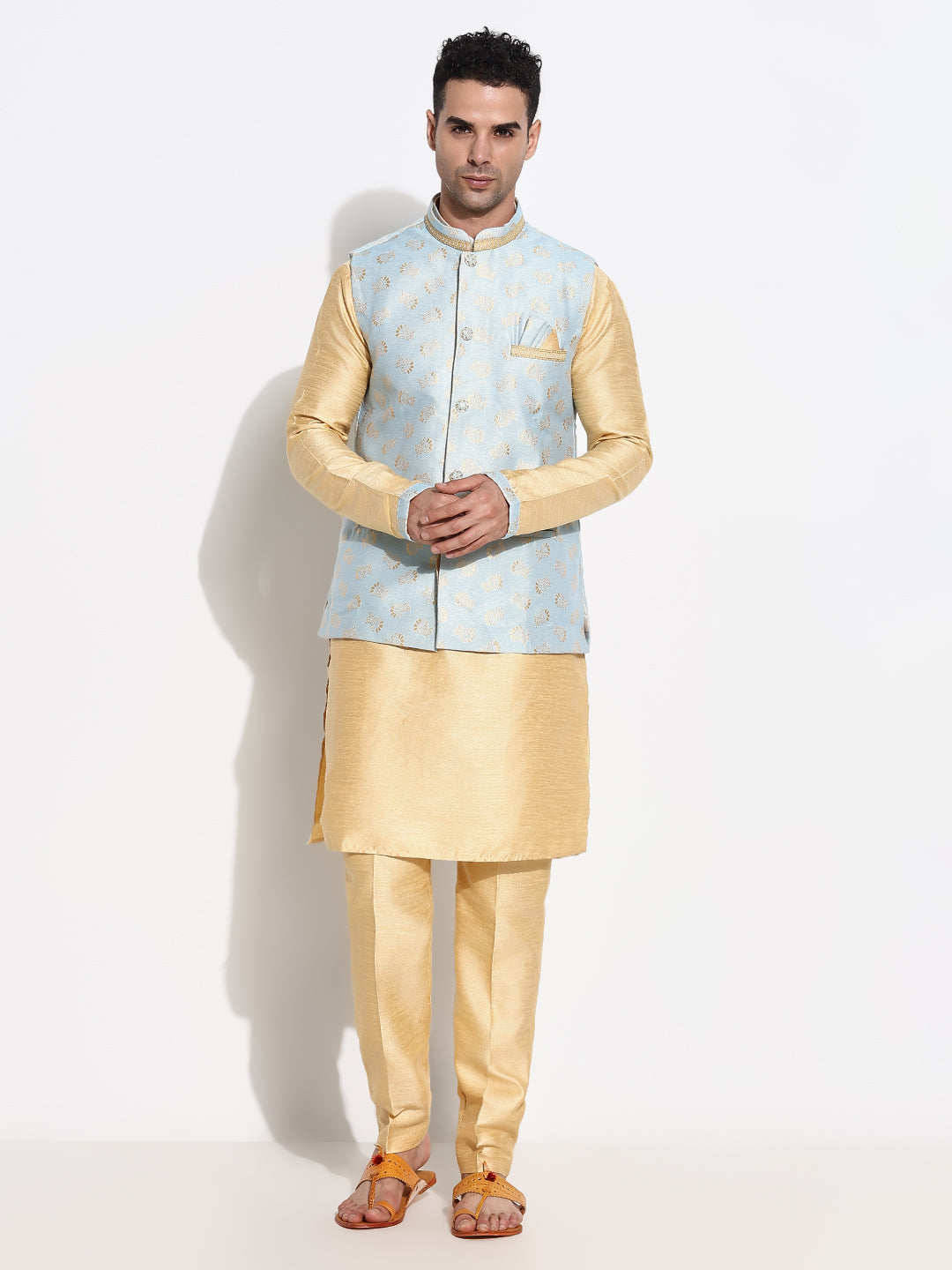 Men Beige Solid Kurta Set with Nehru Jacket