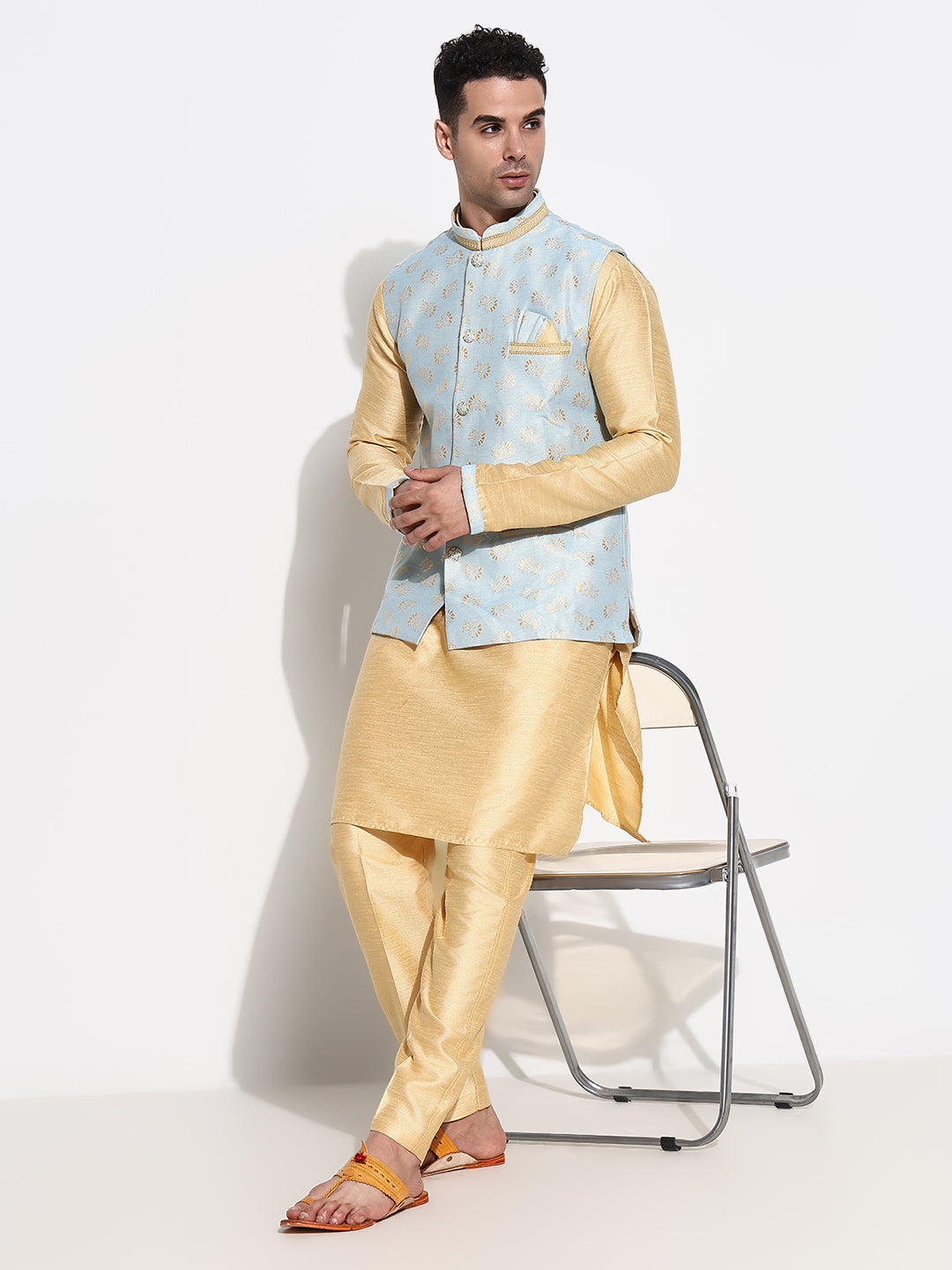 Men Beige Solid Kurta Set with Nehru Jacket