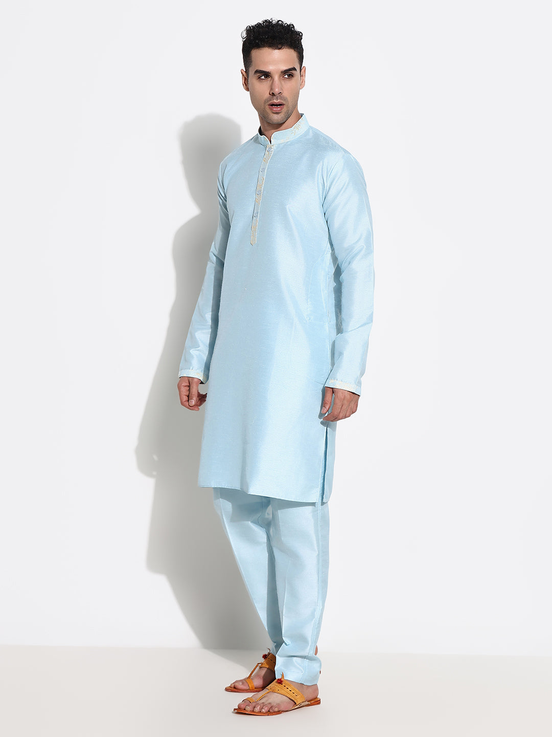 Men Blue Solid Kurta Set with Nehru Jacket