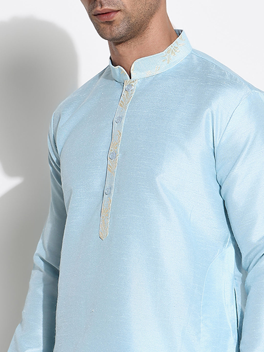 Men Blue Solid Kurta Set with Nehru Jacket