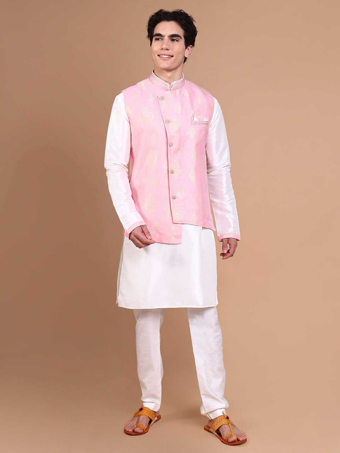 Men White Solid Kurta Set with Nehru jacket