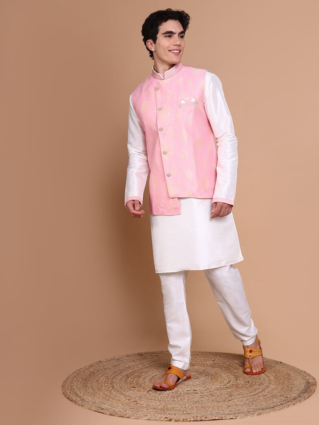 Men White Solid Kurta Set with Nehru jacket