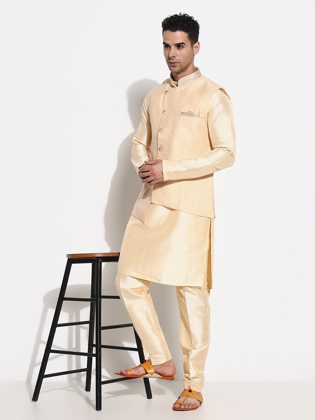 Men Beige Solid Kurta Set with Nehru Jacket