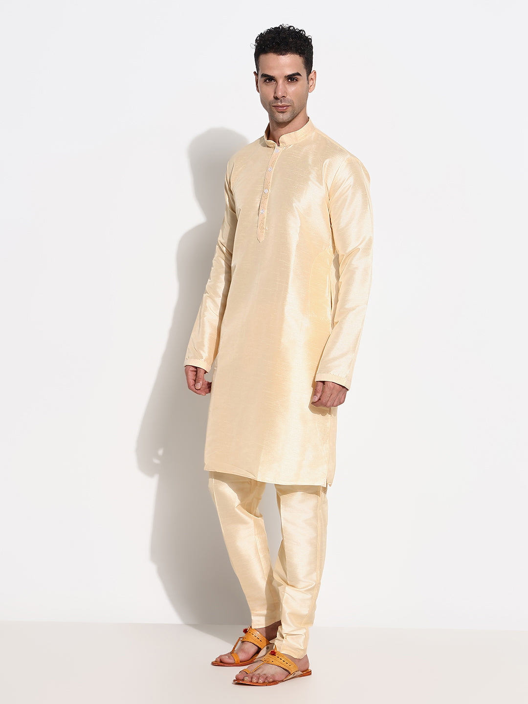 Men Beige Solid Kurta Set with Nehru Jacket