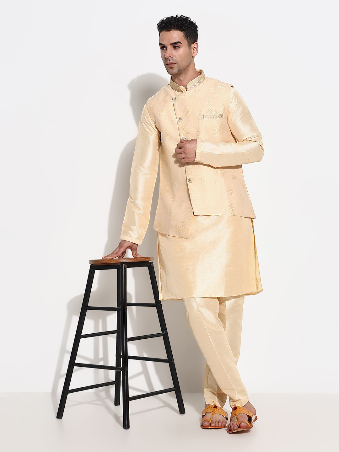 Men Beige Solid Kurta Set with Nehru Jacket