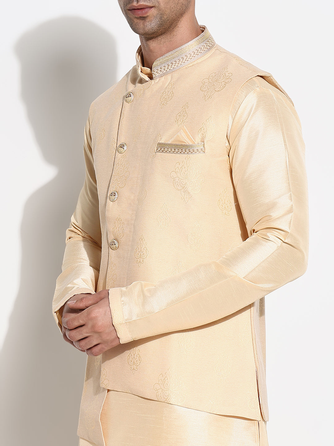 Men Beige Solid Kurta Set with Nehru Jacket