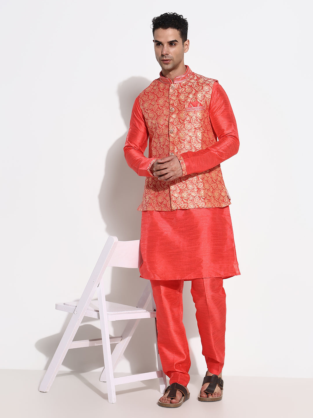 Men Red Solid Kurta Set with Nehru Jacket