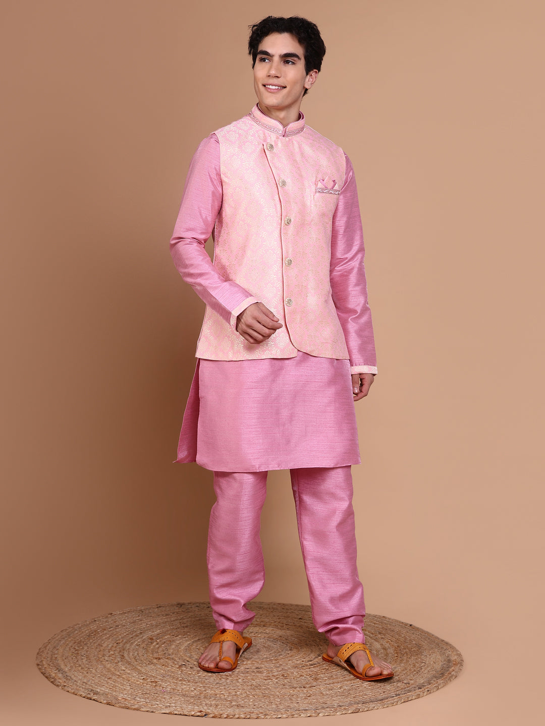 Men Pink Solid Kurta Set with Nehru jacket