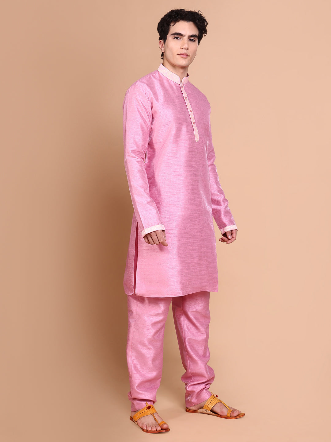 Men Pink Solid Kurta Set with Nehru jacket