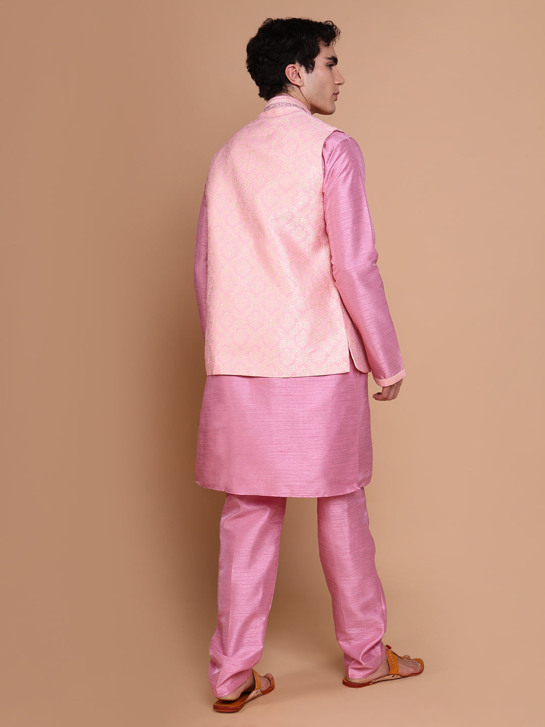 Men Pink Solid Kurta Set with Nehru jacket