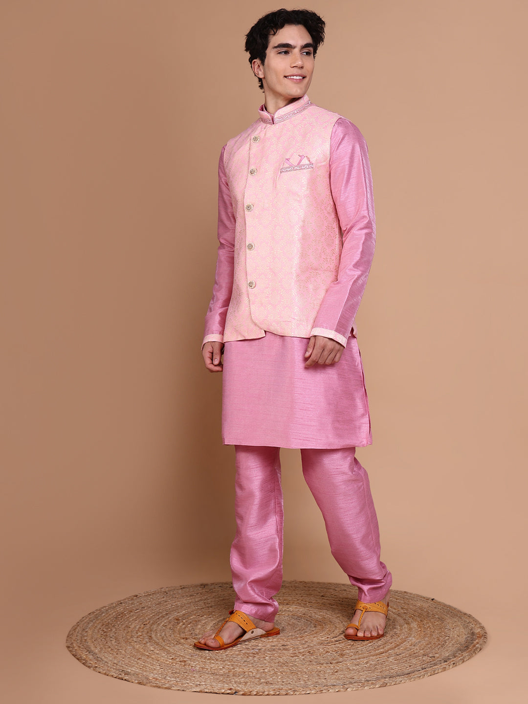 Men Pink Solid Kurta Set with Nehru jacket