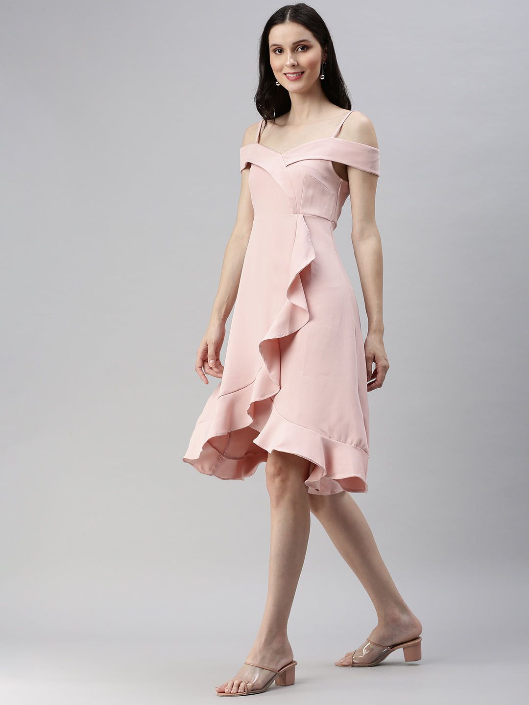 Women Shoulder Straps Solid A-Line Pink Dress