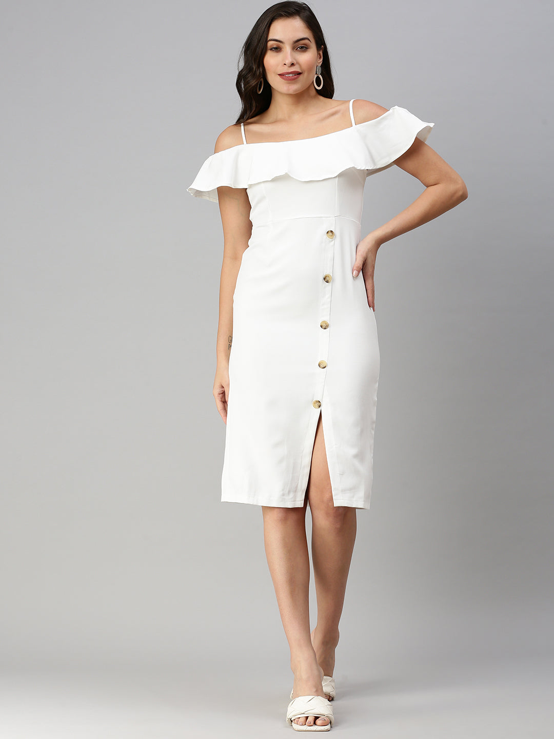 Women Off-Shoulder Solid A-Line White Dress
