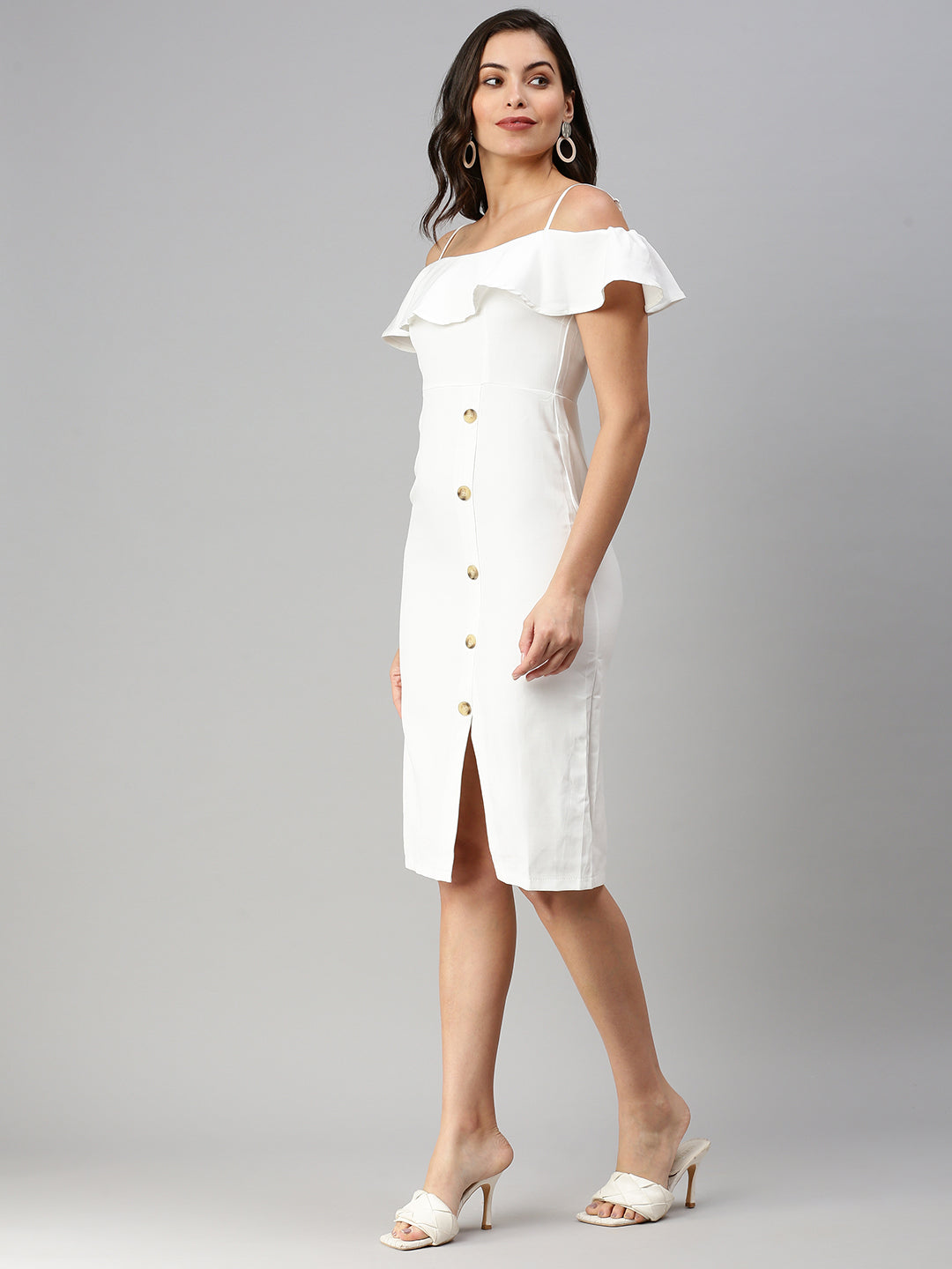 Women Off-Shoulder Solid A-Line White Dress