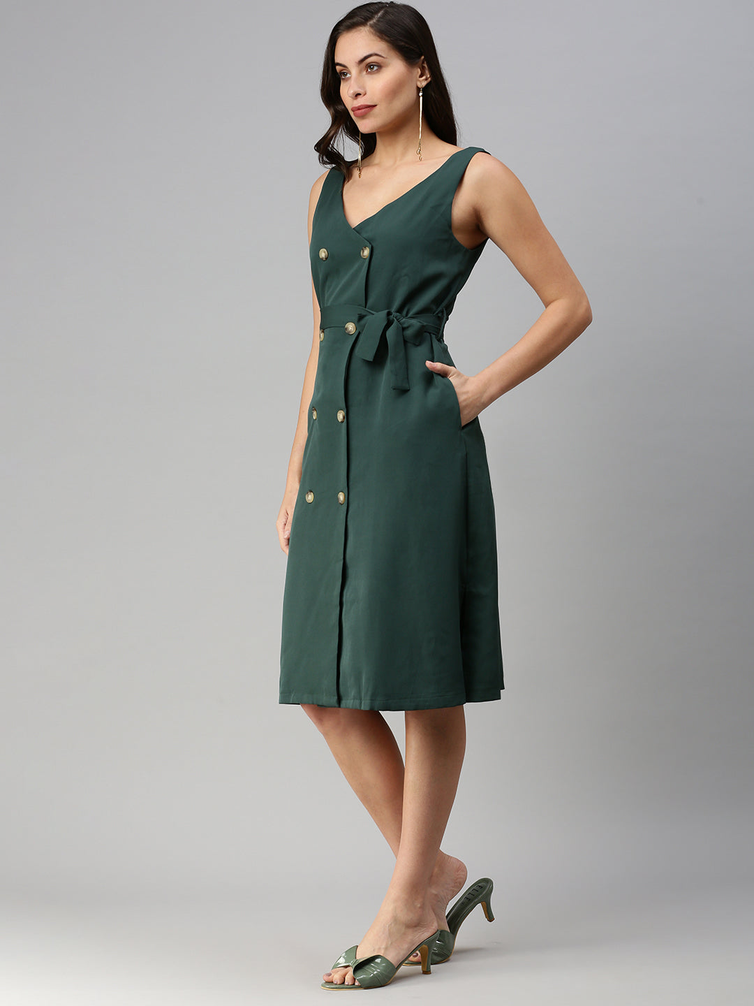 Women V-Neck Solid Shirt Style Green Dress