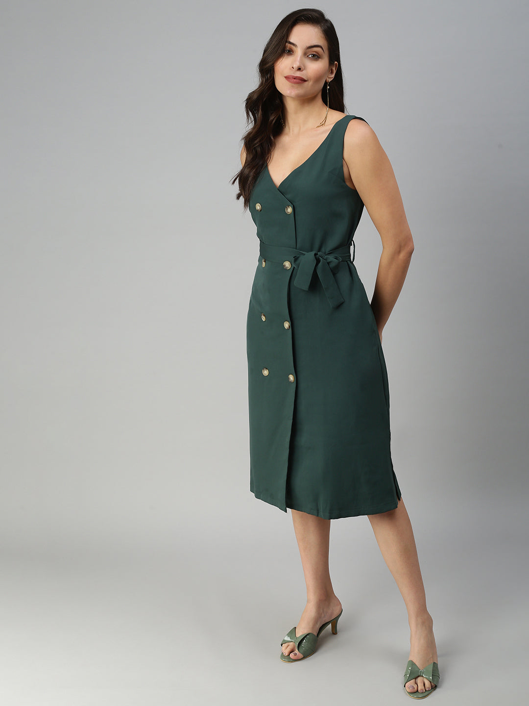 Women V-Neck Solid Shirt Style Green Dress