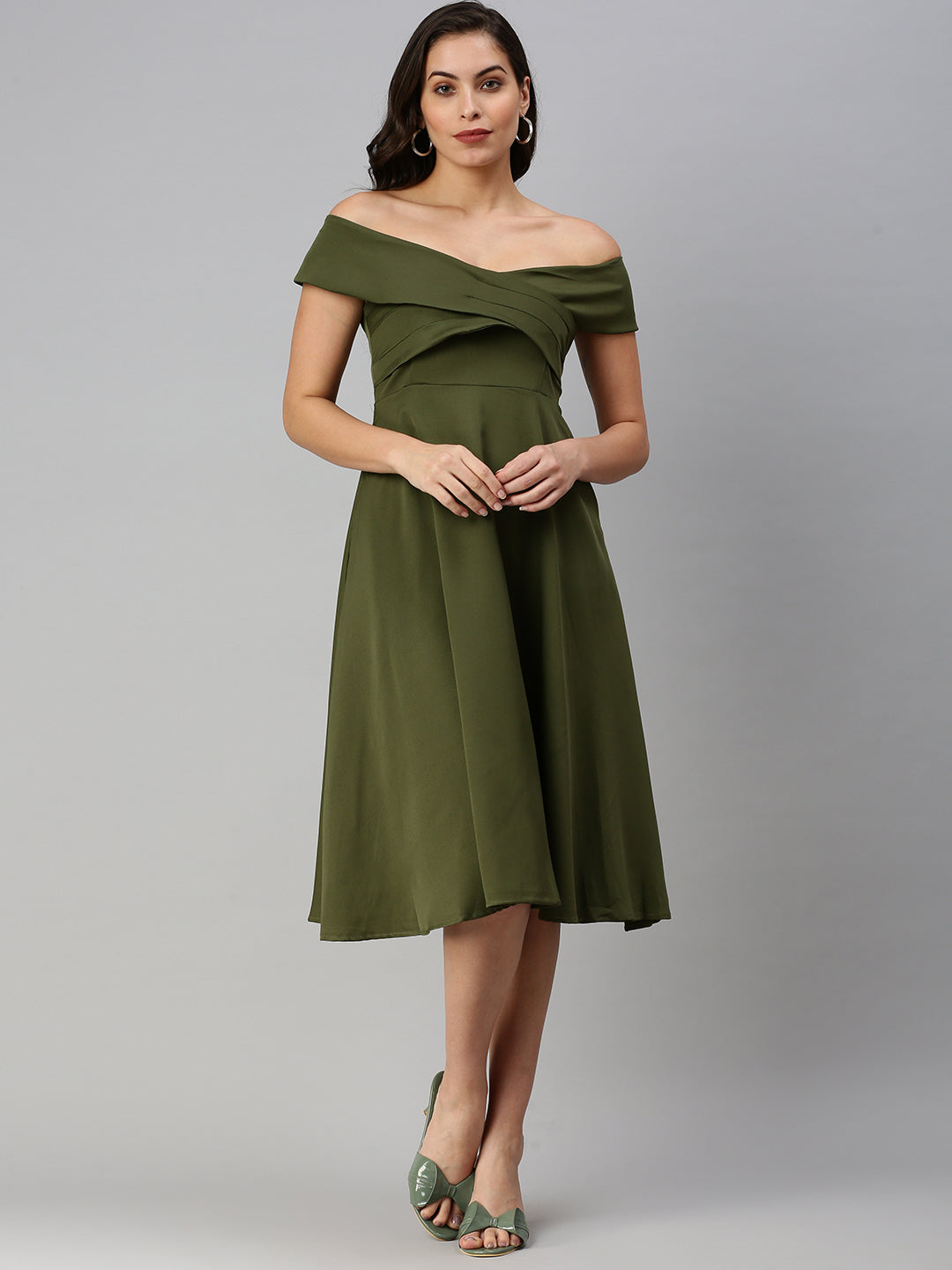 Women Boat Neck Solid Fit and Flare Olive Dress