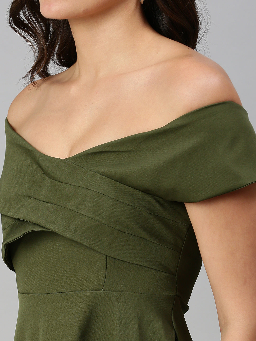 Women Boat Neck Solid Fit and Flare Olive Dress