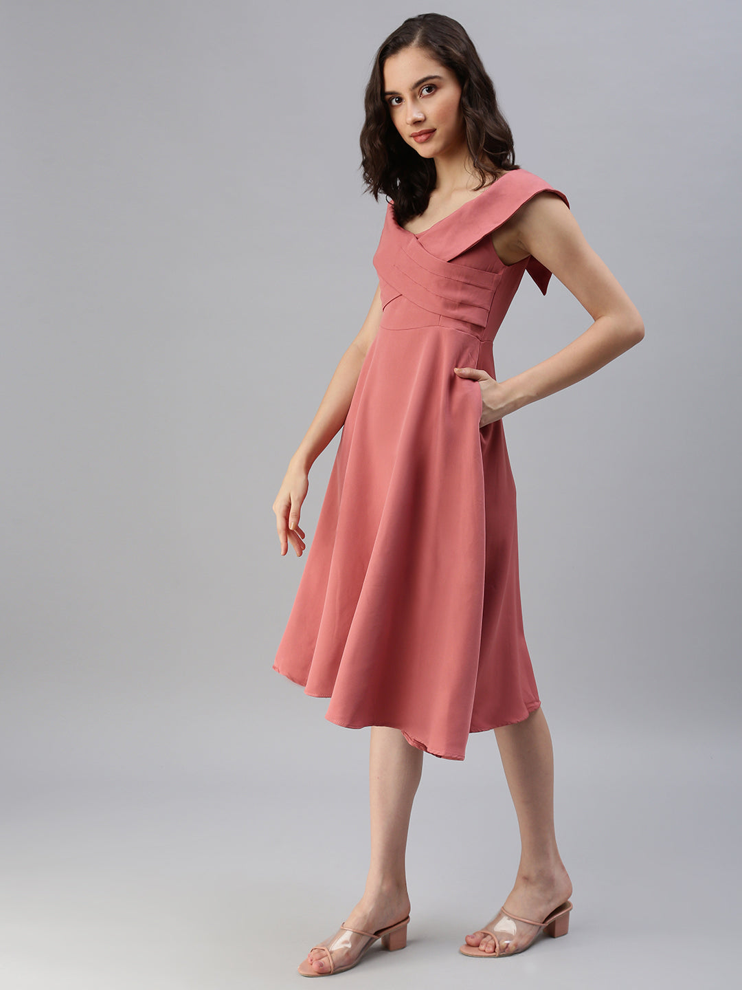 Women Boat Neck Solid Fit and Flare Taupe Dress