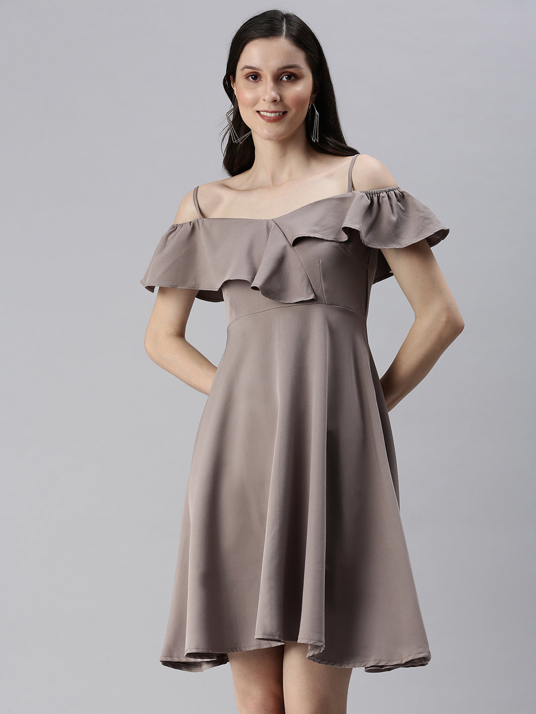 Women Shoulder Straps Solid Fit and Flare Taupe Dress