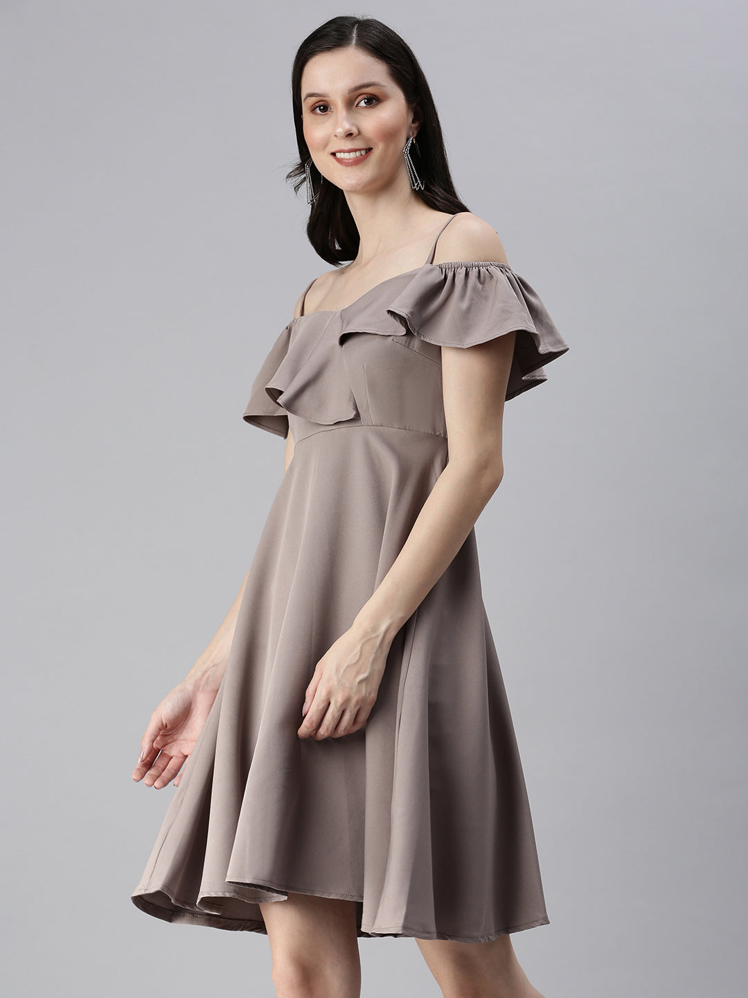 Women Shoulder Straps Solid Fit and Flare Taupe Dress
