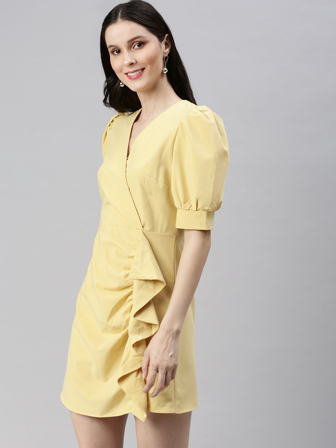 Women V-Neck Solid Fit and Flare Yellow Dress