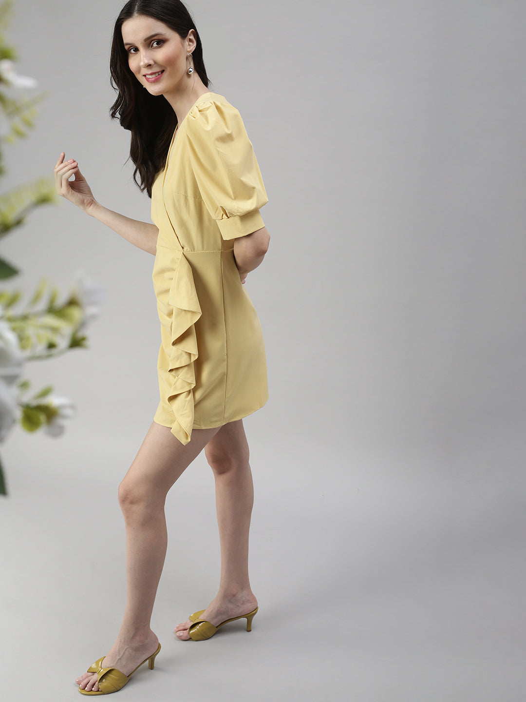 Women V-Neck Solid Fit and Flare Yellow Dress
