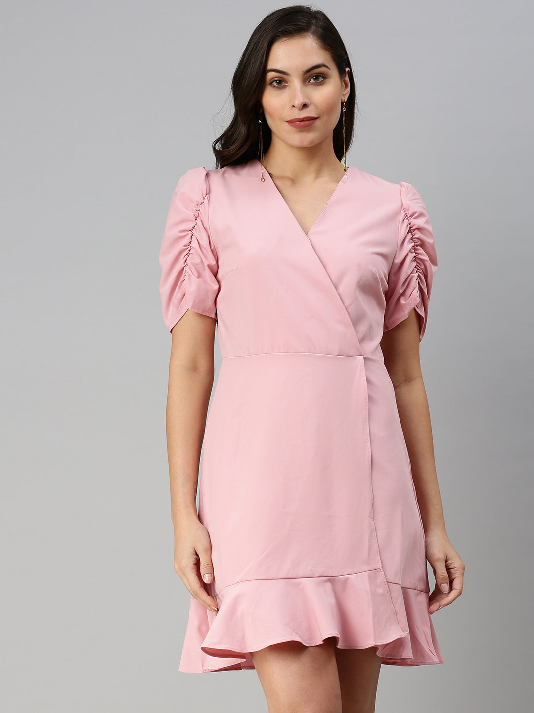 Women V-Neck Solid A-Line Pink Dress