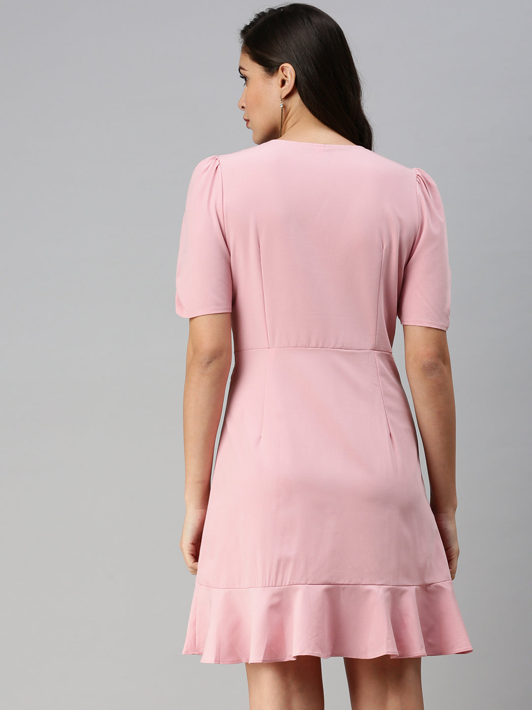 Women V-Neck Solid A-Line Pink Dress