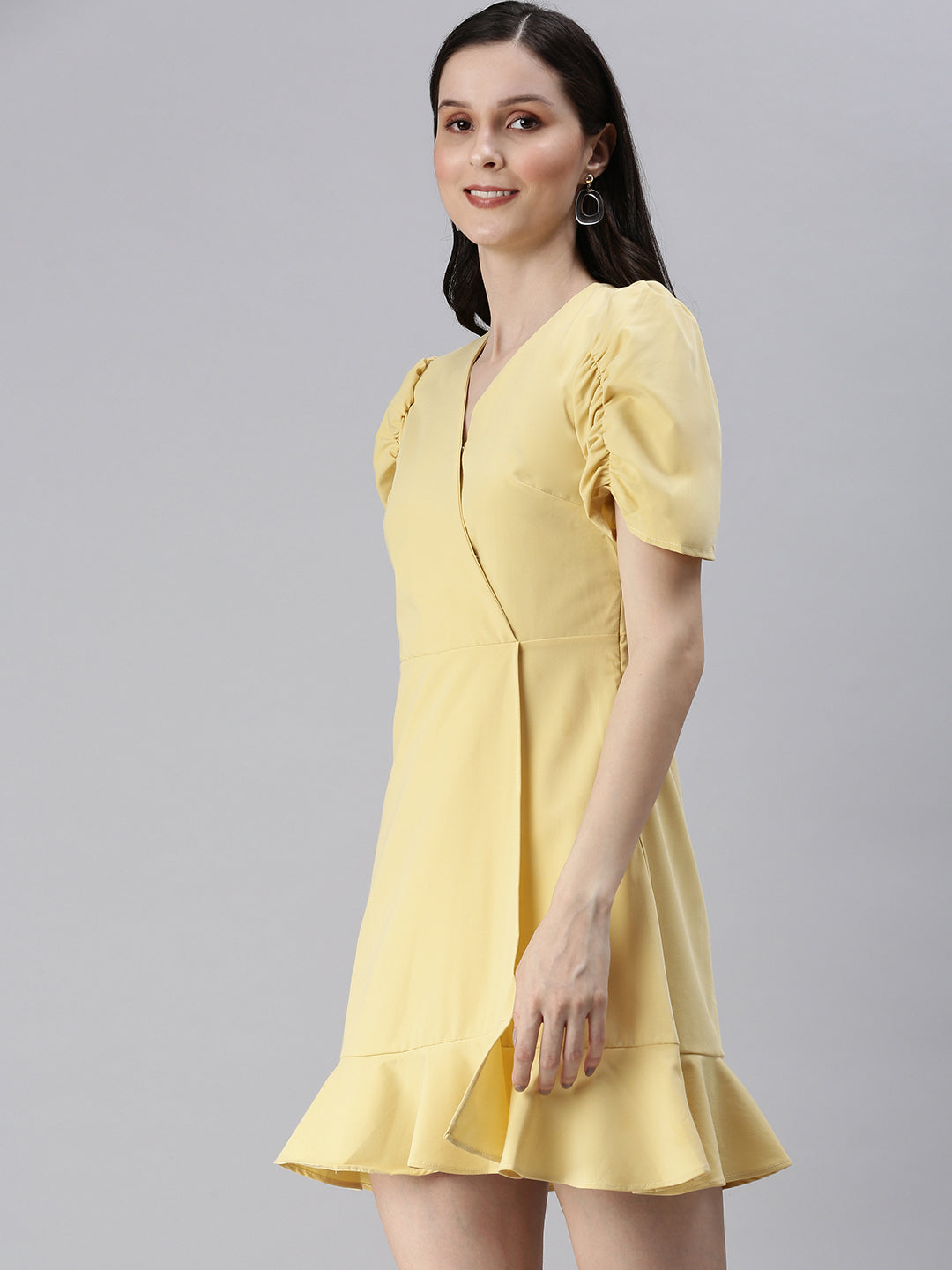 Women V-Neck Solid A-Line Yellow Dress