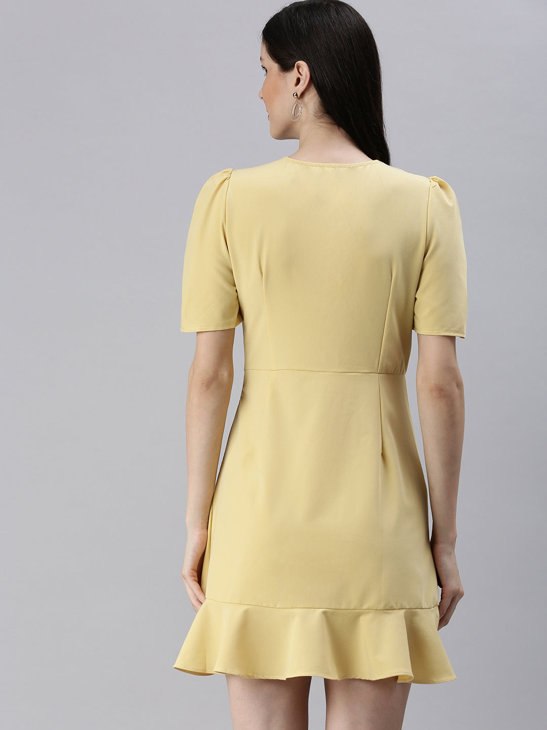 Women V-Neck Solid A-Line Yellow Dress