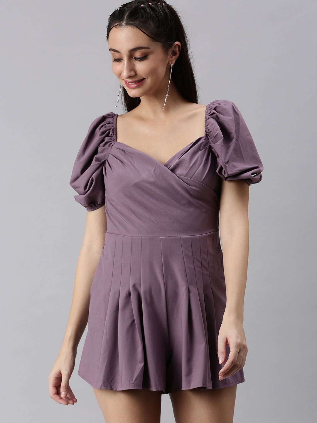 Women Sweetheart Neck Solid Purple Playsuit