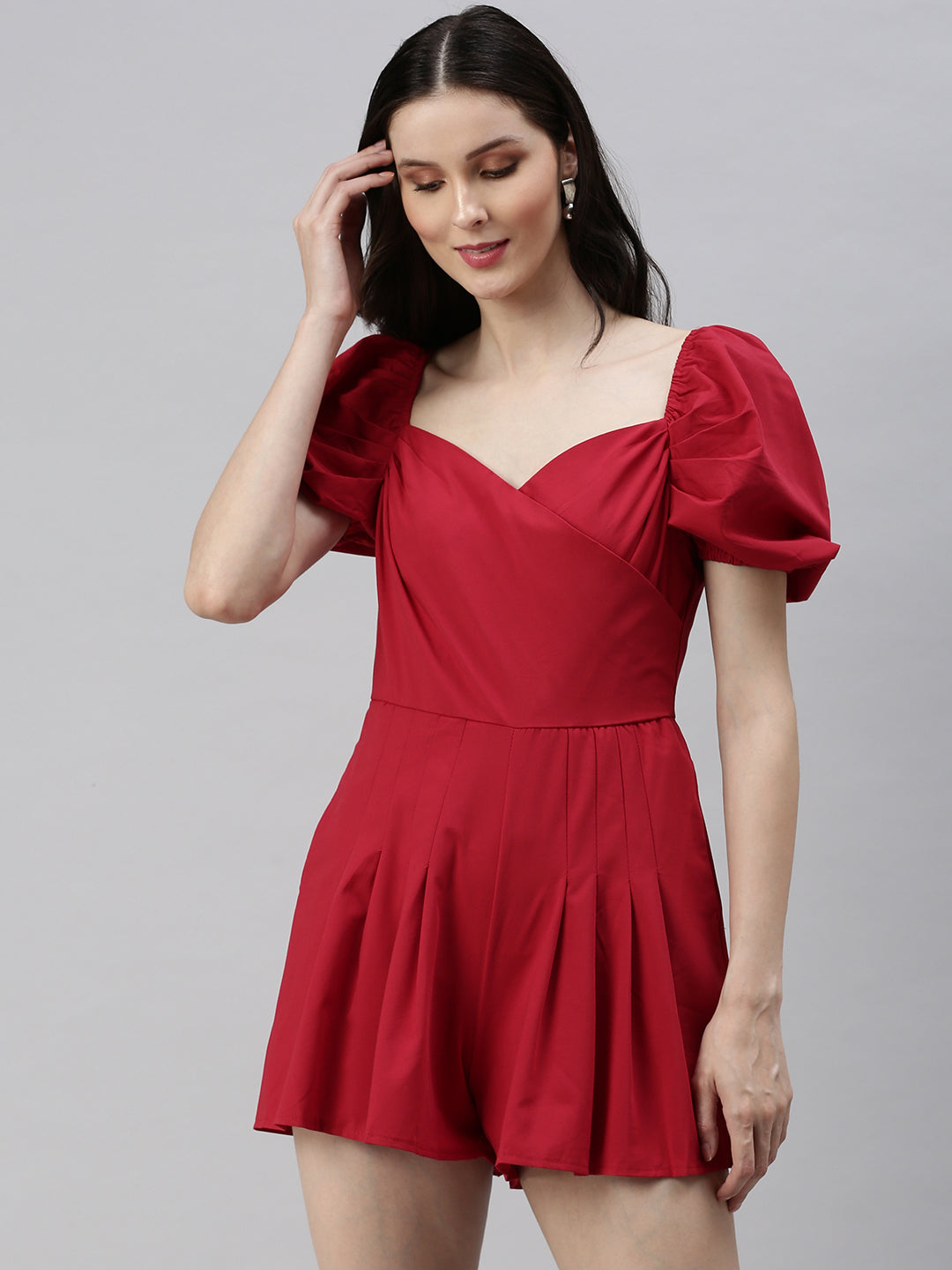 Women Sweetheart Neck Solid Red Playsuit