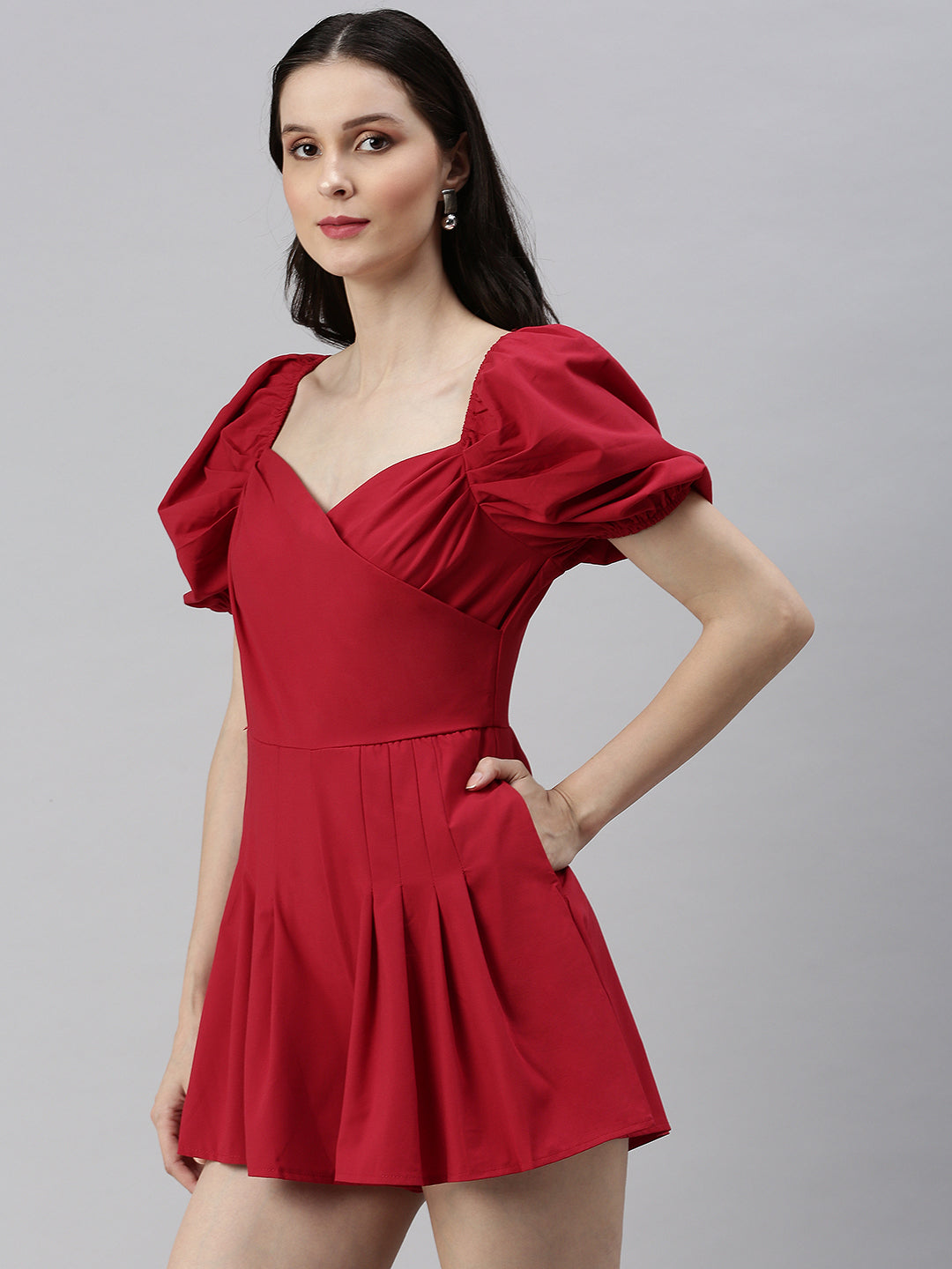 Women Sweetheart Neck Solid Red Playsuit
