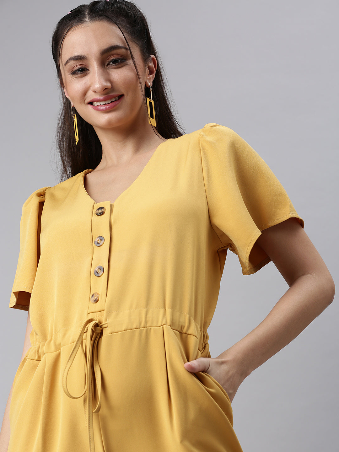 Women V-Neck Solid Yellow Basic Jumpsuit