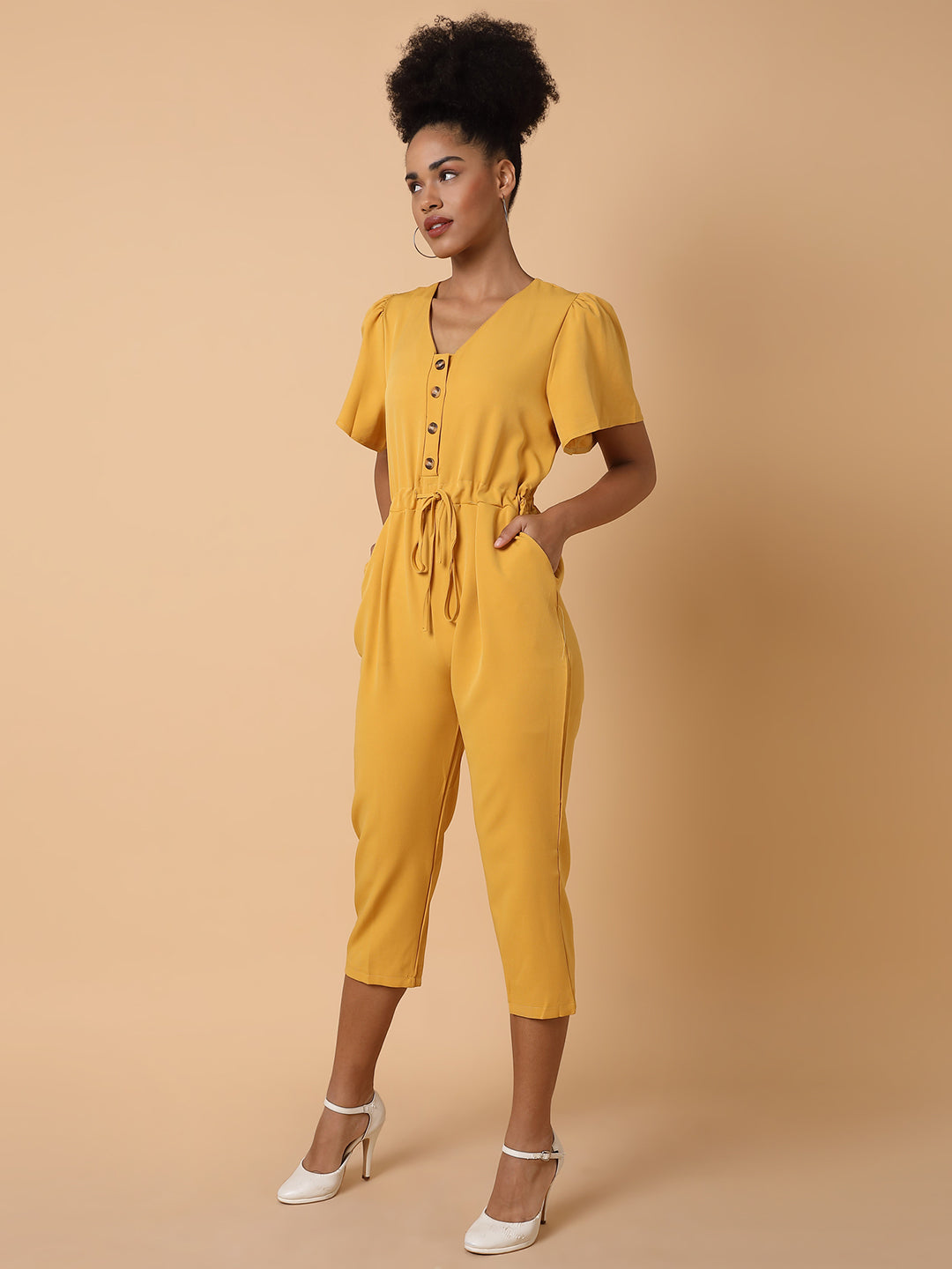 Women V-Neck Solid Yellow Basic Jumpsuit