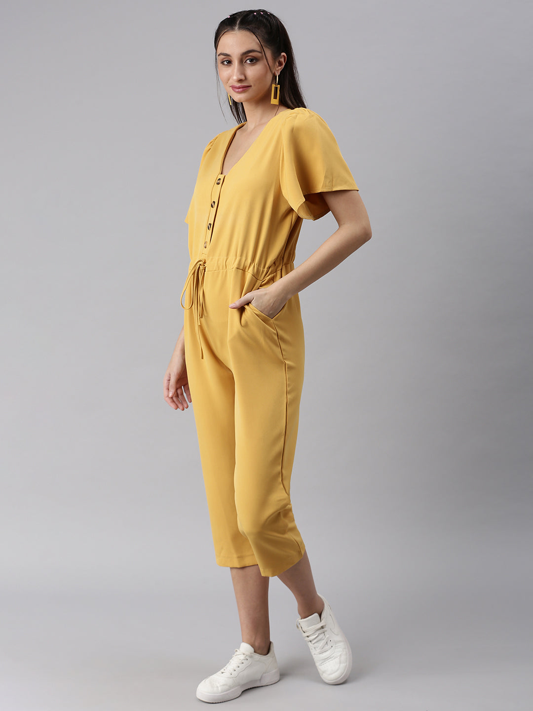Women V-Neck Solid Yellow Basic Jumpsuit
