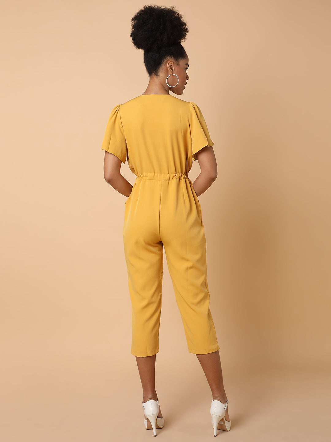 Women V-Neck Solid Yellow Basic Jumpsuit