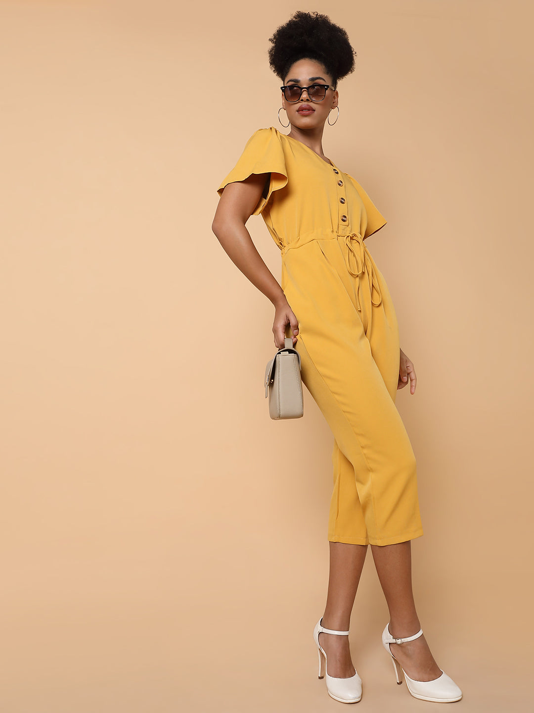 Women V-Neck Solid Yellow Basic Jumpsuit