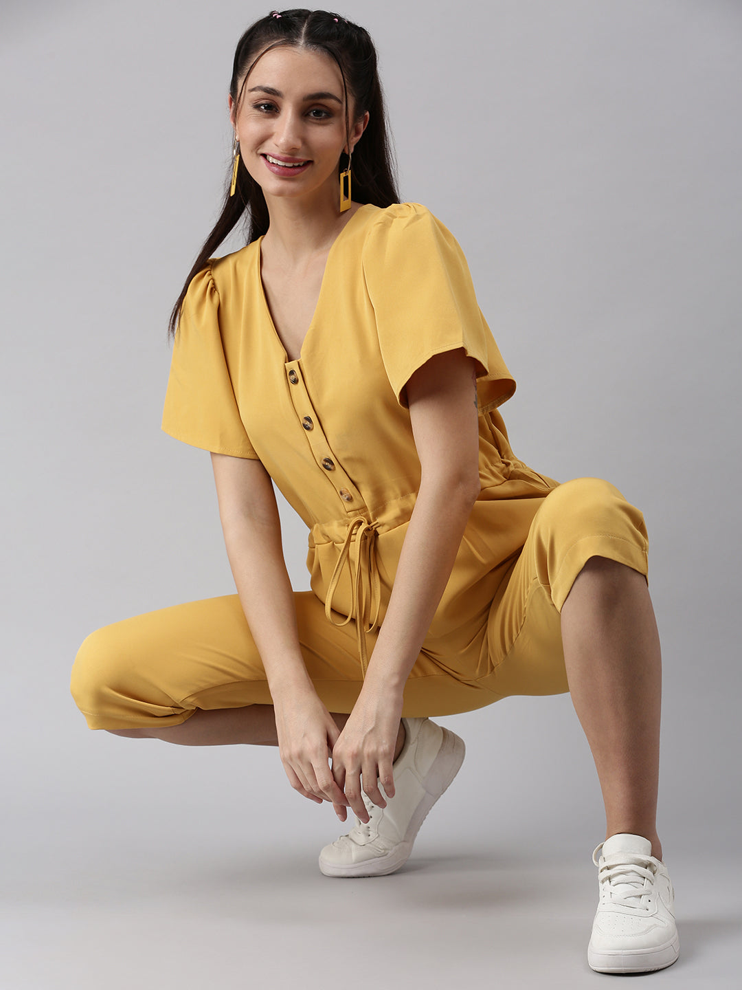 Women V-Neck Solid Yellow Basic Jumpsuit