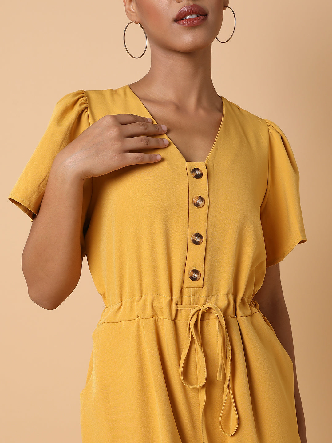 Women V-Neck Solid Yellow Basic Jumpsuit