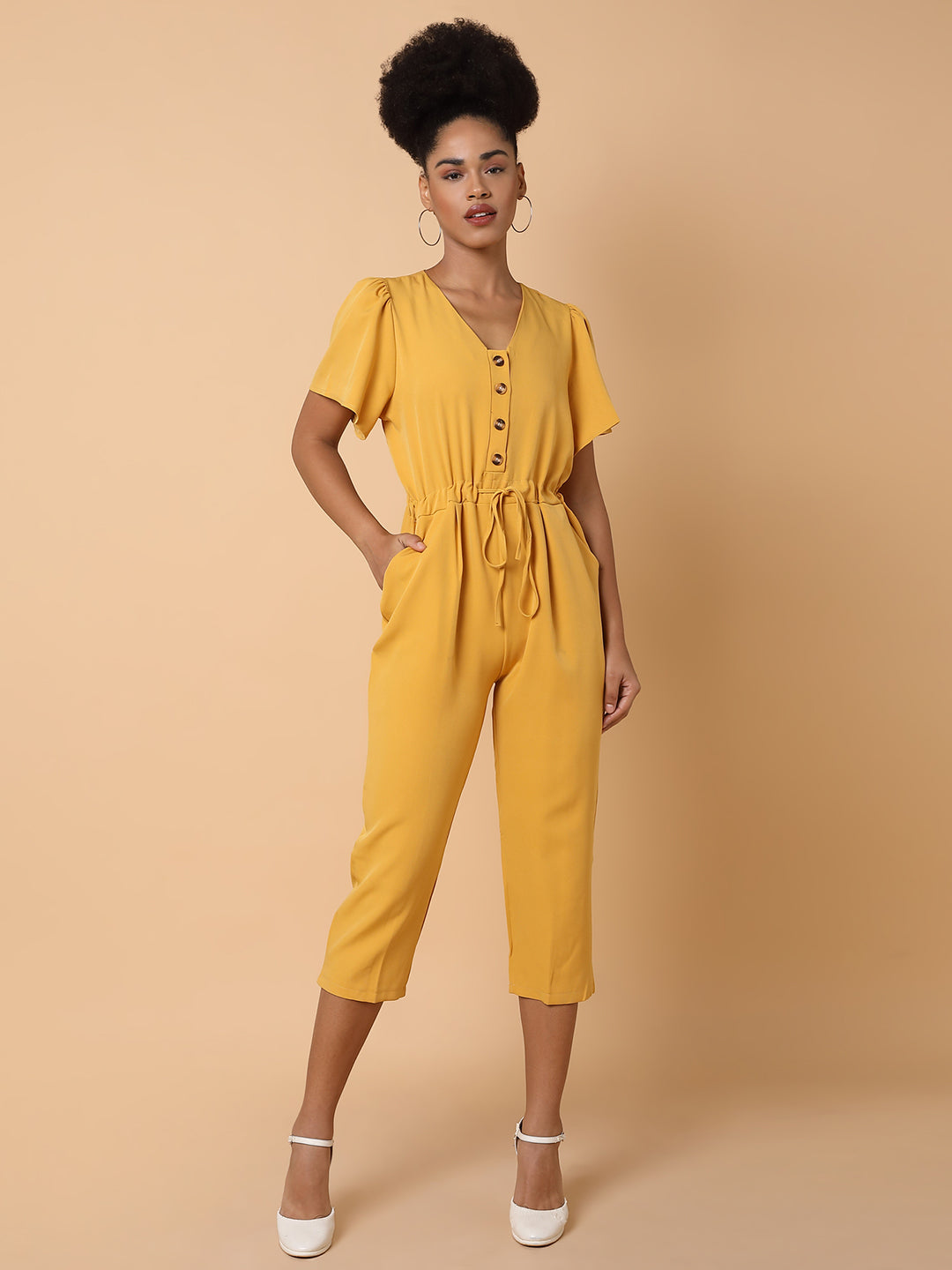 Women V-Neck Solid Yellow Basic Jumpsuit