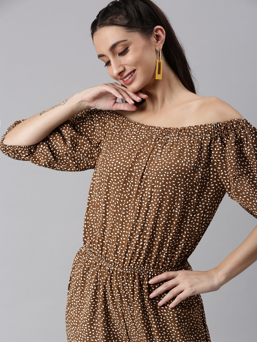 Women Off-Shoulder Printed Brown Basic Jumpsuit