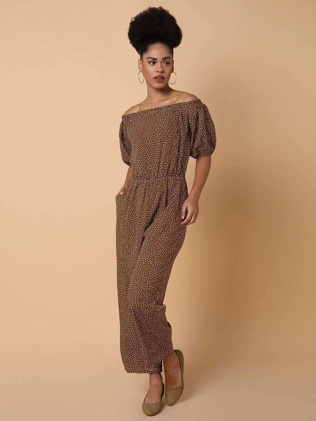 Women Off-Shoulder Printed Brown Basic Jumpsuit