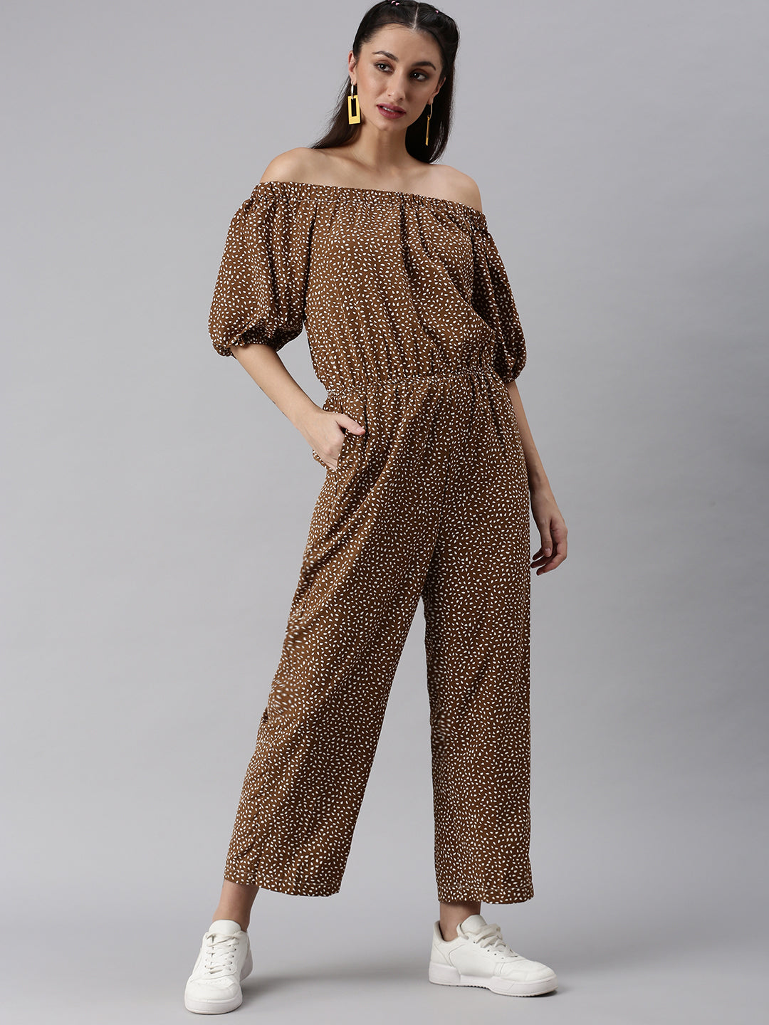 Women Off-Shoulder Printed Brown Basic Jumpsuit