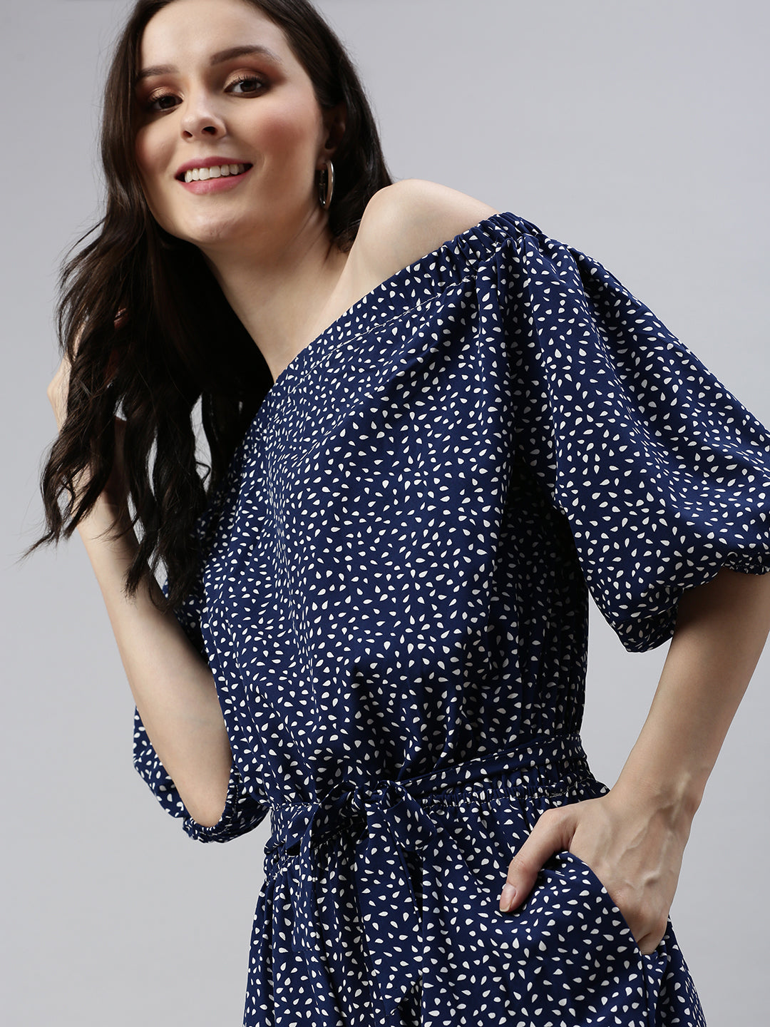 Women Off-Shoulder Printed Navy Blue Basic Jumpsuit